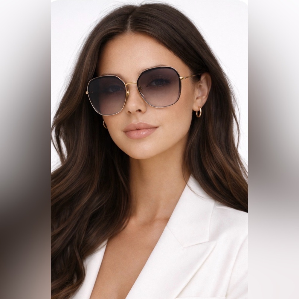 New LINDA FARROW Blue Gold Rimless Round Sunglasses